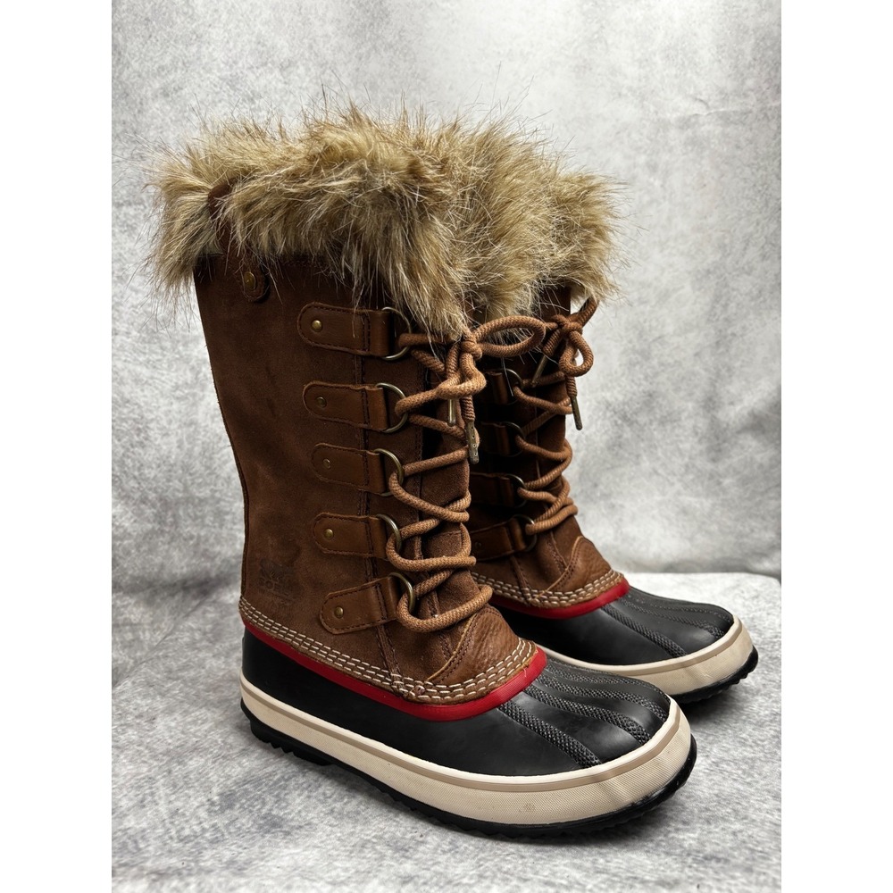Sorel‎ Joan of Arctic Brown w/ Faux-Fur Winter Lace-Up Waterproof Boots Red Trim